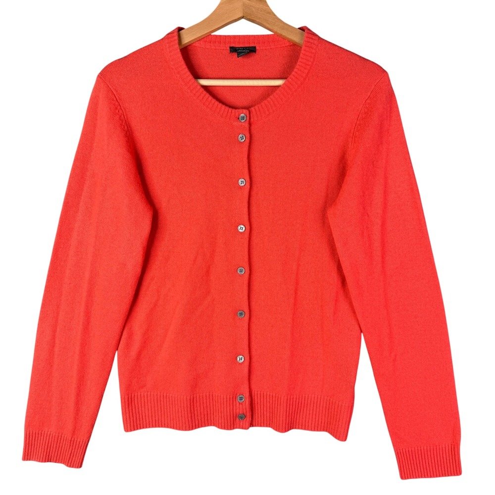 Pure Amici 100% Cashmere Coral Orange Button Up Crew Neck Cardigan Sweater M